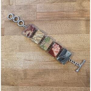 Large Charles Albert Sterling Flat Agate Stone Toggle Bracelet- 8 1/2"